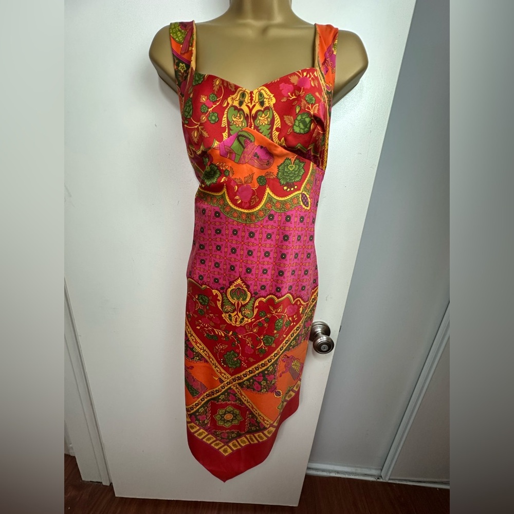 ABS By Allen Schwartz VintageY2K Artsy India Print Elephant Asymmetrical Dress 6